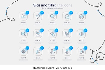 Set of Payment, Phone timing and Cogwheel line icons for web app. Video conference, Star, Globe icons. Qr code, Analytics, New products signs. Share, Lightning bolt, Click. Waterproof. Vector