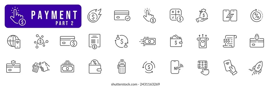 Set of payment related line icons. NFC, card, phone, money, cash, wallet etc. Editable stroke