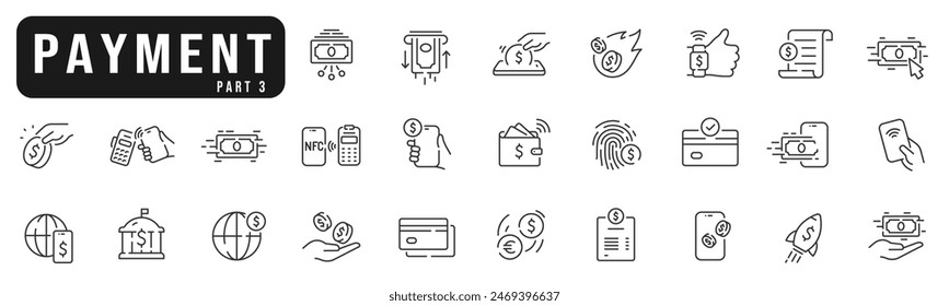 Set of payment related line icons. NFC, card, phone, money, cash, wallet etc. Part 2