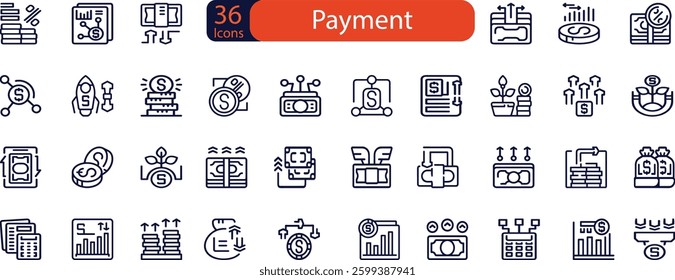 Set of payment related line icons. NFC, card, phone, money, cash, wallet 