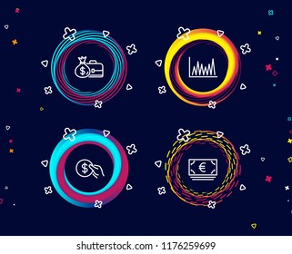 Set of Payment, Salary and Line graph icons. Euro currency sign. Usd coin, Diplomat with money bag, Market diagram. Eur banking.  Circle banners with line icons. Gradient colors shapes. Vector