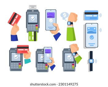 Set of payment type icons. Flat style contactless and cashless payment stickers. Use of bank card with chip, smartphone or watch with NFC with POS terminal to make a purchase. Vector illustration.