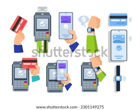 Set of payment type icons. Flat style contactless and cashless payment stickers. Use of bank card with chip, smartphone or watch with NFC with POS terminal to make a purchase. Vector illustration.