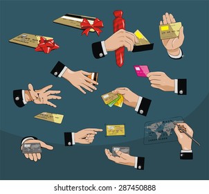 set of payment types. Human hands holding credit cards. clearing settlement, bank, payment pass, vector design