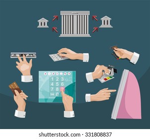 set of payment types. Human hands holding credit cards. clearing settlement, bank, payment pass, vector design