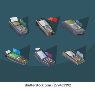 set of payment types POS terminal with credit card, vector design