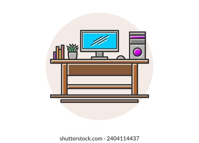 Set up a PC computer desk workspace design, table wood vector illustration.