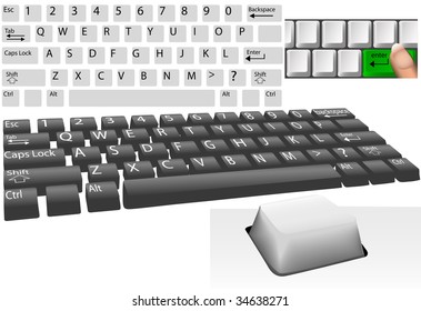 A set of PC computer keyboard and keys design elements with key labels.