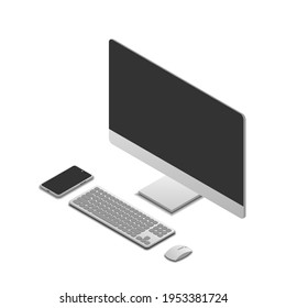 set of pc computer, monitor, keyboard, smartphone, and mouse in isometric view, vector illustration isolated on white background