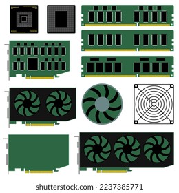 Set of PC hardware and computer parts isolated on white background. CPU, video graphics card, RAM. Vector clipart.