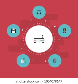 Set of PC icons flat style symbols with control device, hard drive, headphones and other icons for your web mobile app logo design.