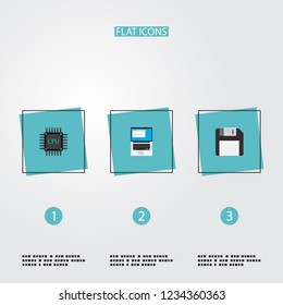 Set of PC icons flat style symbols with cpu, floppy disk, notebook and other icons for your web mobile app logo design.