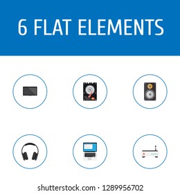 Set of PC icons flat style symbols with headphones, laptop, modem and other icons for your web mobile app logo design.