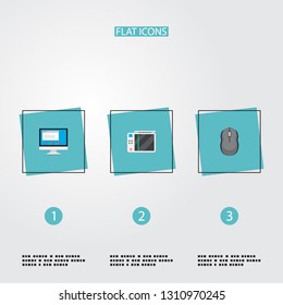 Set of PC icons flat style symbols with control device, monitor, game console and other icons for your web mobile app logo design.