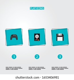 Set of PC icons flat style symbols with floppy disk, hdd, joystick and other icons for your web mobile app logo design.