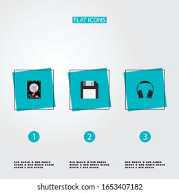 Set of PC icons flat style symbols with floppy disk, headphones, hdd and other icons for your web mobile app logo design.