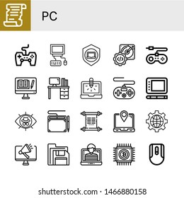 Set of pc icons such as Scroll, Game controller, Computer, Laptop, Hard disk, Game console, Desk, Gamepad, Graphic tablet, Hacker, Internet, Floppy disk, Cpu, Mouse , pc