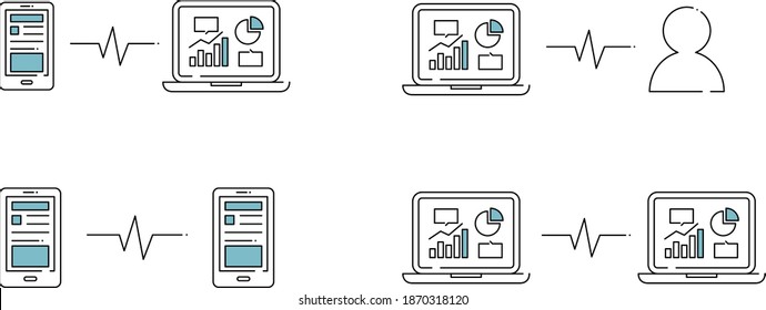 Un conjunto de íconos de PC y smartphone que representan comunicación por Internet, uso compartido, comunicación inalámbrica, respaldo, uso compartido de pantalla, etc.