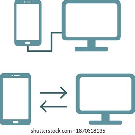 Un conjunto de íconos de PC y smartphone que representan comunicación por Internet, uso compartido, comunicación inalámbrica, respaldo, uso compartido de pantalla, etc.