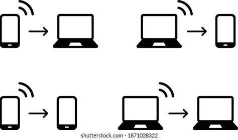 Eine Reihe von PC- und Smartphone-Symbolen, die Internetkommunikation, gemeinsame Nutzung, drahtlose Kommunikation, Backup, gemeinsame Nutzung von Bildschirmen usw. darstellen.