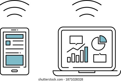 A set of PC and smartphone icons that represent Internet communication, sharing, wireless communication, backup, screen sharing, etc.
