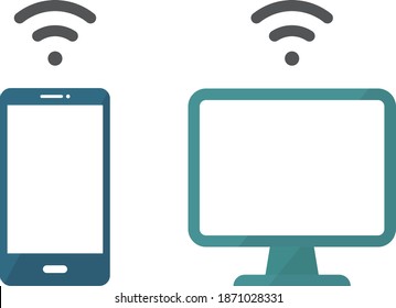 Un conjunto de íconos de PC y smartphone que representan comunicación por Internet, uso compartido, comunicación inalámbrica, respaldo, uso compartido de pantalla, etc.