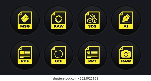 Definir documento de arquivo PDF, AI, GIF, PPT, 3DS e ícone RAW. Vetor