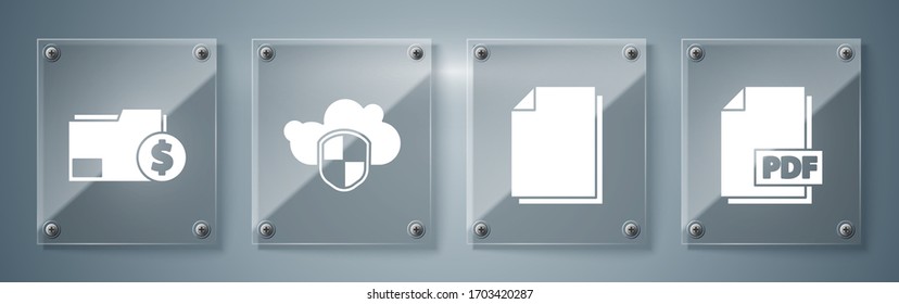 Set PDF file document, Document, Cloud and shield and Finance document folder. Square glass panels. Vector