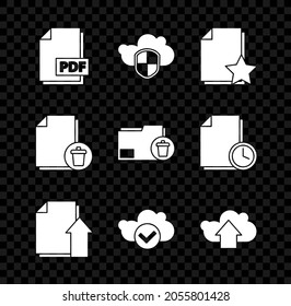 Set PDF file document, Cloud and shield, Document with star, Upload, check mark, upload, Delete and folder icon. Vector