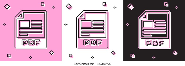 Set PDF file document. Download pdf button icon isolated on pink and white, black background. PDF file symbol.  Vector Illustration
