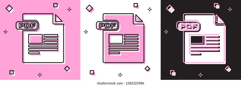 Set PDF file document. Download pdf button icon isolated on pink and white, black background. PDF file symbol.  Vector Illustration
