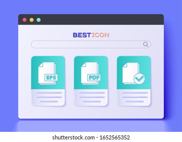 Set PDF file document, EPS file document and Document and check mark icon. Vector