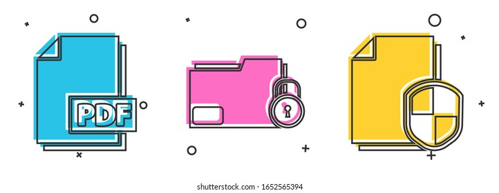 Set PDF file document, Folder and lock and Document protection concept icon. Vector