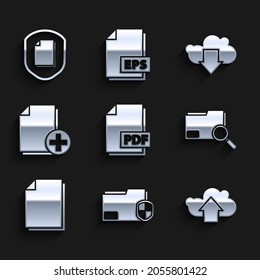 Set PDF file document, Document folder protection, Cloud upload, Search concept with, Add new, download and  icon. Vector