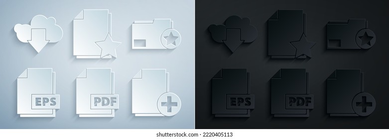 Set PDF file document, Document folder with star, EPS, Add new,  and Cloud download icon. Vector