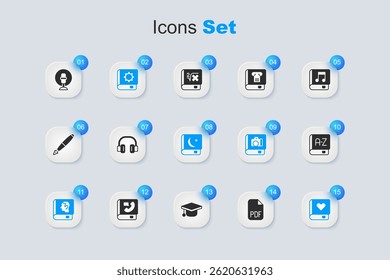 Establecer documento de archivo PDF, auriculares, manual de usuario, libro de leyes, romance, traductor, micrófono y el icono del Sagrado Corán. Vector
