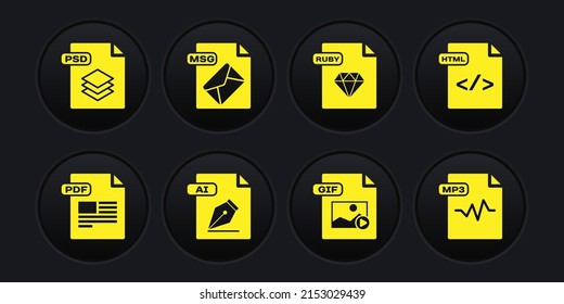 Set PDF file document, HTML, AI, GIF, RUBY, MSG, MP3 and PSD icon. Vector