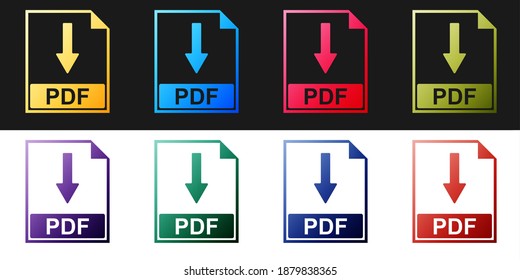 Legen Sie das PDF-Dokument-Symbol einzeln auf schwarz-weißem Hintergrund fest. PDF-Button-Zeichen herunterladen. Vektorgrafik.