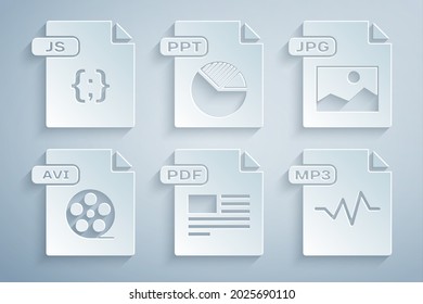 Set PDF file document, JPG, AVI, MP3, PPT and JS icon. Vector