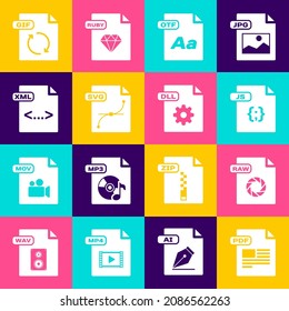 Set PDF file document, RAW, JS, OTF, SVG, XML, GIF and DLL icon. Vector