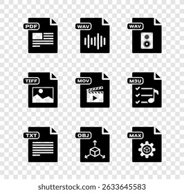 Set PDF file document, WAV, TXT, OBJ, MAX, TIFF and MOV icon. Vector