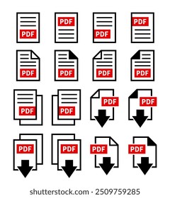 conjunto de ícones de download de arquivo PDF em fundo branco