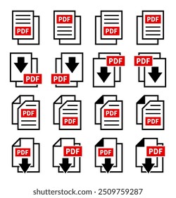 conjunto de ícones de download de arquivo PDF em fundo branco