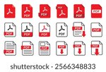 A set of PDF file format icons featuring symbols for PDF file downloads. Includes icons for various file formats such as text, images, vector images, videos, and interactive forms.