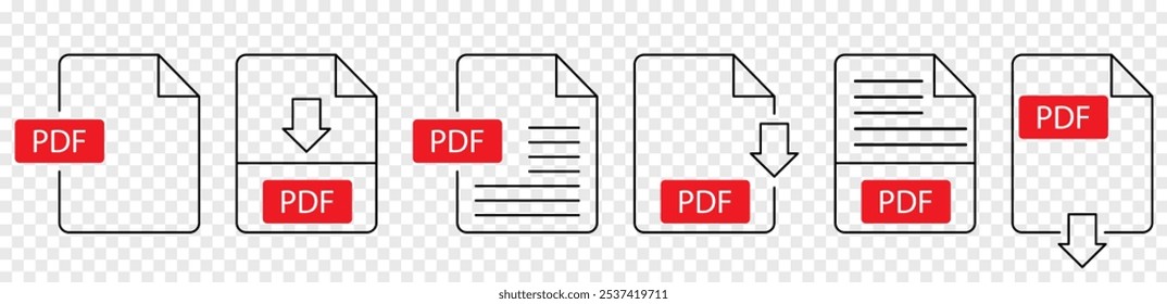 Set of PDF file format icons. PDF file download symbols
