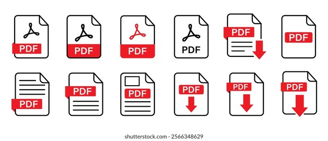 A set of PDF file format icons featuring symbols for PDF file downloads. Includes icons for various file formats such as text, images, vector images, videos, and interactive forms.