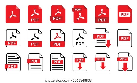 A set of PDF file format icons featuring symbols for PDF file downloads. Includes icons for various file formats such as text, images, vector images, videos, and interactive forms.