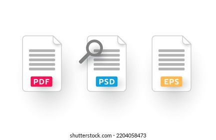 Set of pdf, psd, eps with magnify glass, File type icons, Text document, Worksheet, Business icon