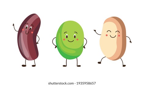 Set of pea and kidney beans cartoon characters, vector illustration isolated.