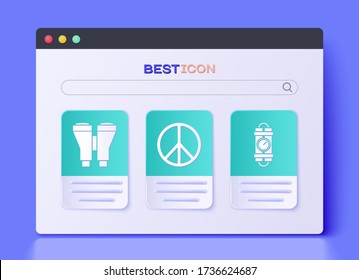 Set Peace , Binoculars  and Detonate dynamite bomb stick and timer clock icon. Vector